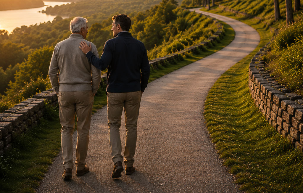 Two men walking down a path