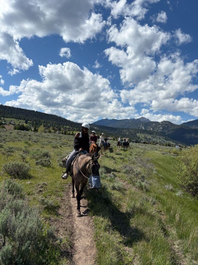 Erben Associates team members riding horses through the mountains