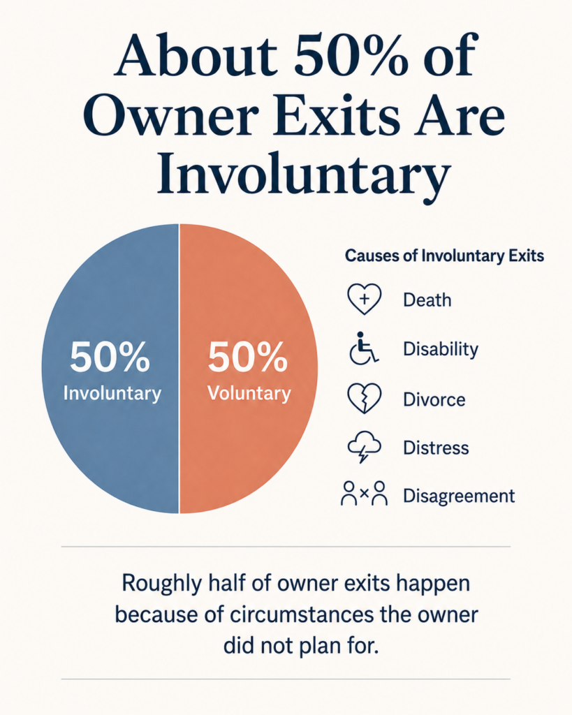 A pie chart shows 50% of owner exits are involuntary and 50% are voluntary. Causes of involuntary exits include death, disability, divorce, distress, and disagreement. Text: "Roughly half of owner exits are unplanned.