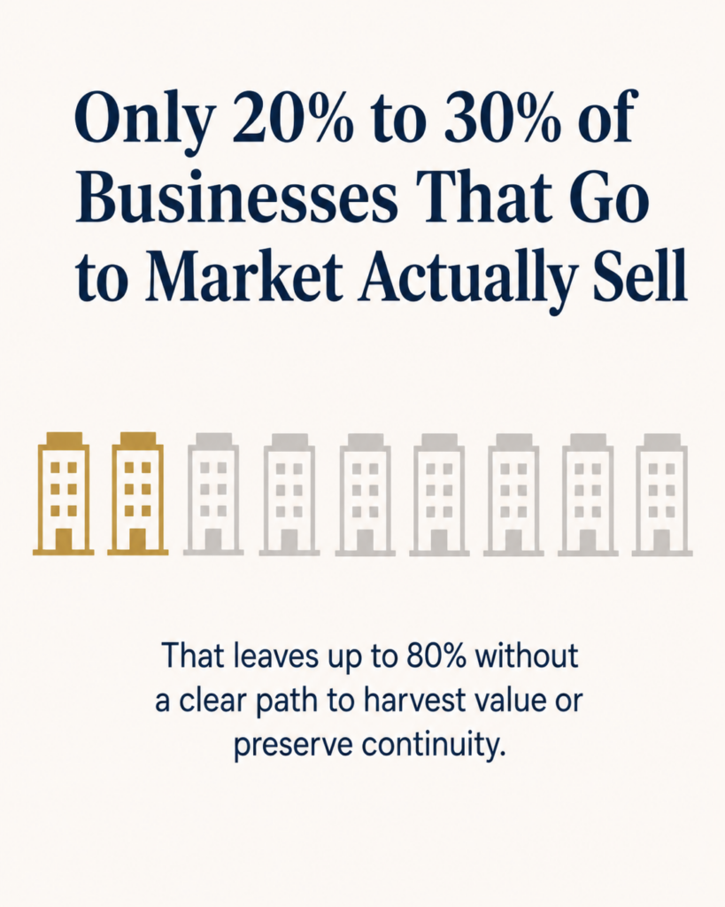 Infographic showing that only 20% to 30% of businesses that go to market actually sell, illustrated with 2 highlighted buildings out of 8, and a note that up to 80% lack a clear exit or continuity plan.